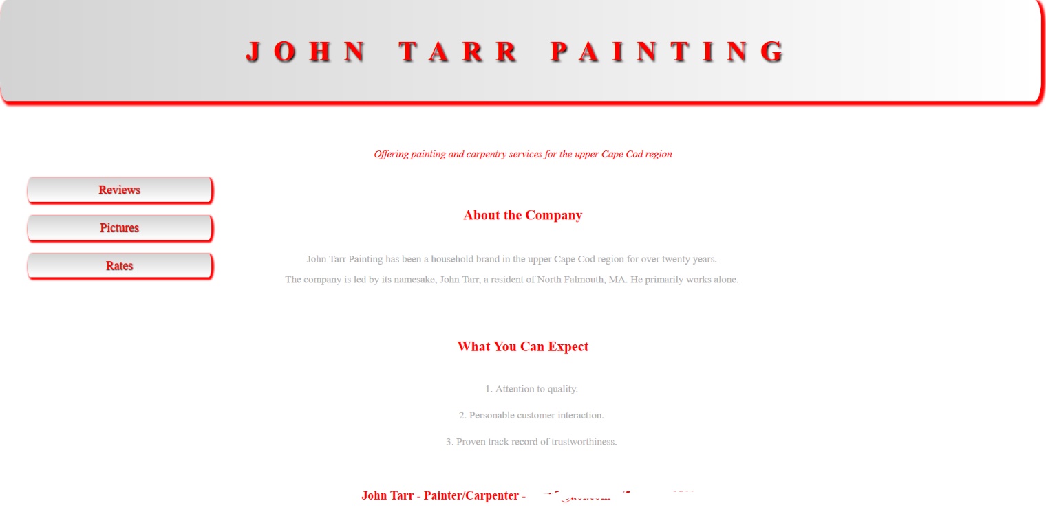 A screenshot of a landing page for a painting company; styled in red, white, and dark gray.