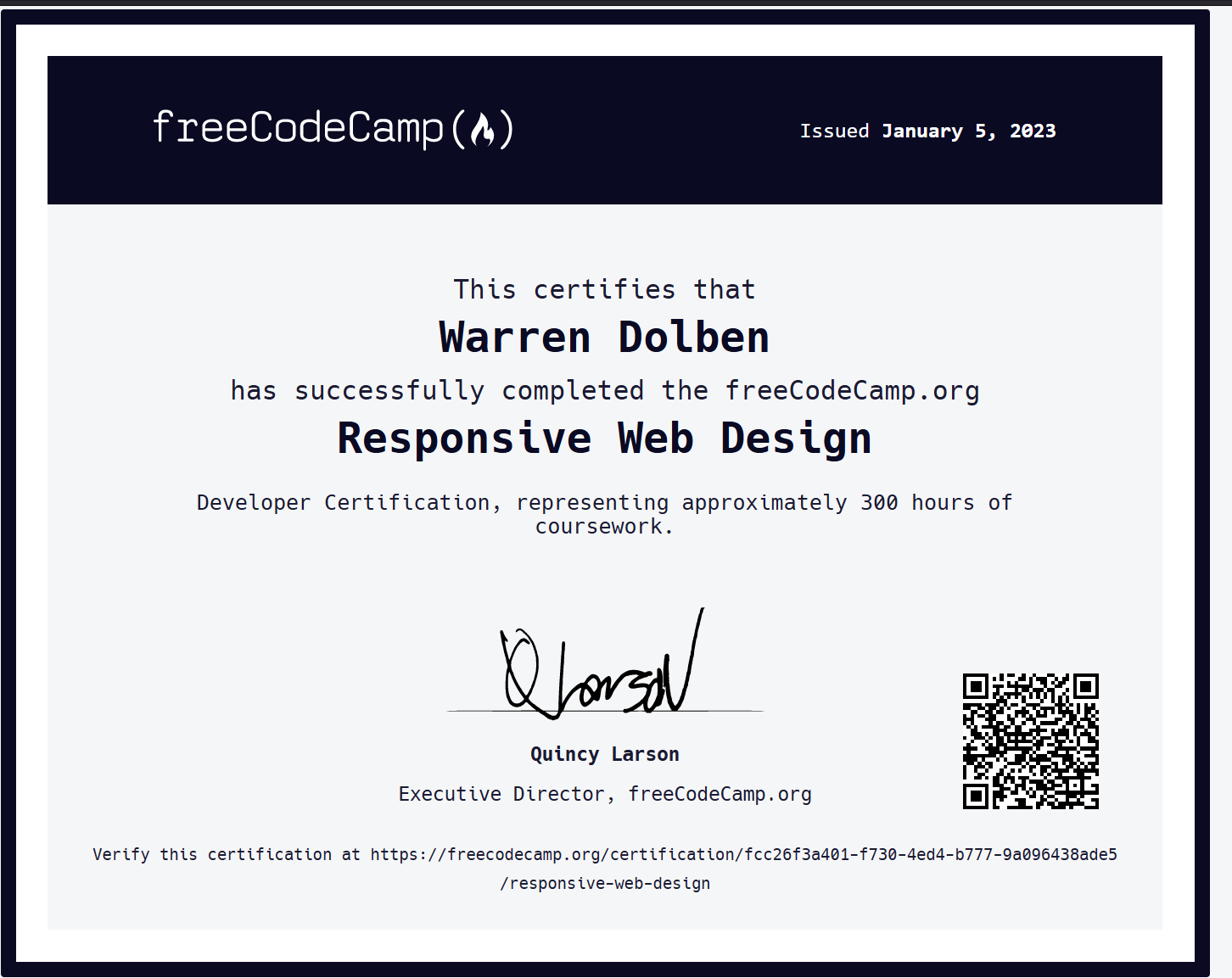 My certificate from freecodecamp for Responsive Web Design.